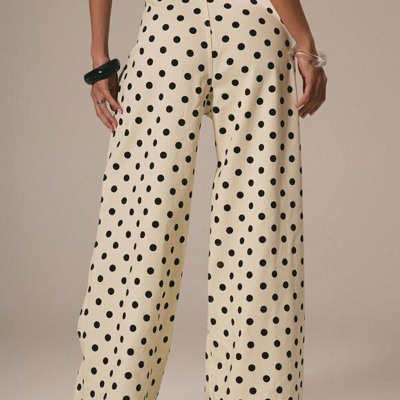 Beige Casual Women's Dainty Polka Dot Denim Straight Leg Mid Rise pants - Picture 4 of 5